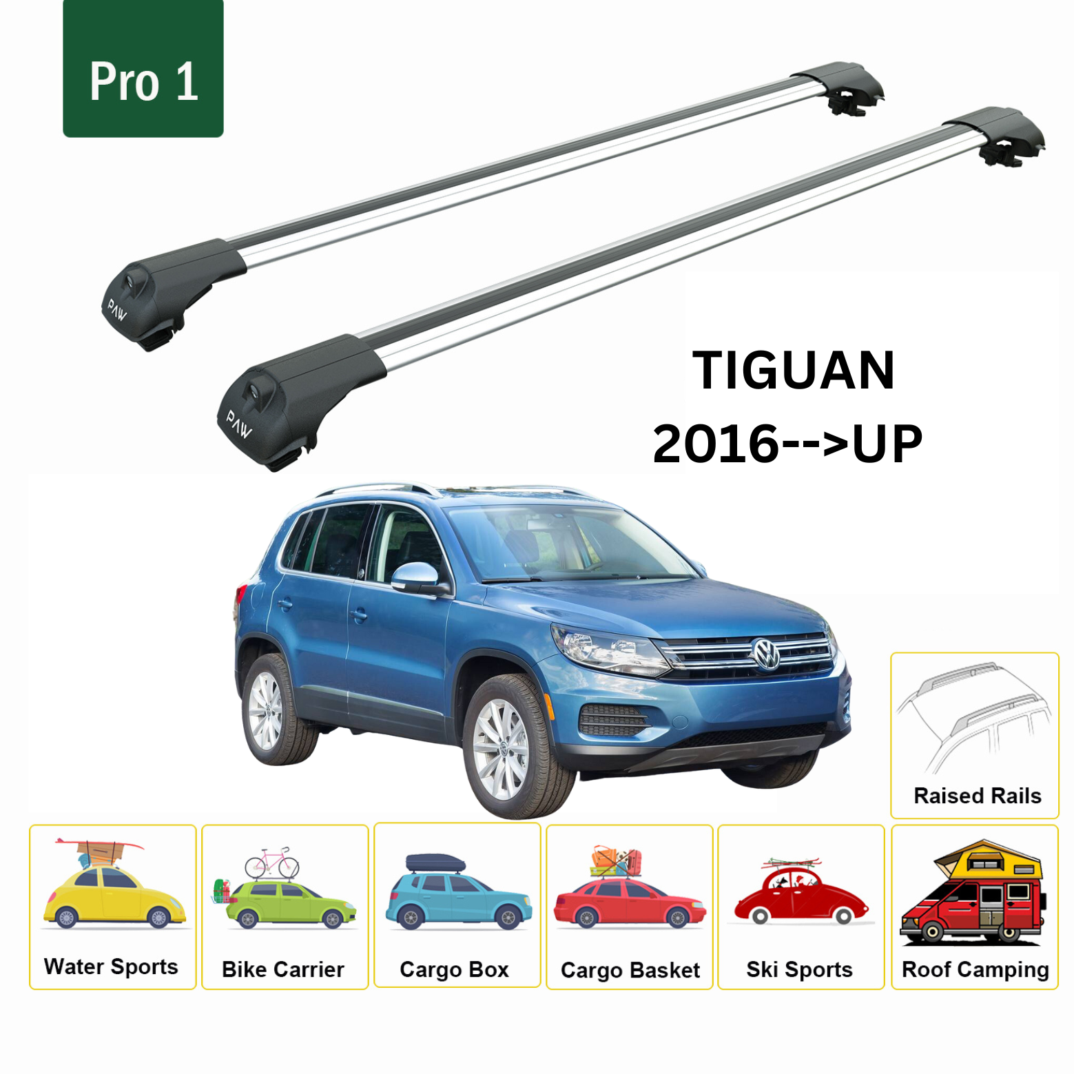 For Volkswagen Tiguan 2016--> Roof Rack System, Aluminium Cross Bar, Metal Bracket, Raised Rail, Silver For Volkswagen Tiguan 2016--> Roof Rack System, Aluminium Cross Bar, Metal Bracket, Raised Rail, Silver